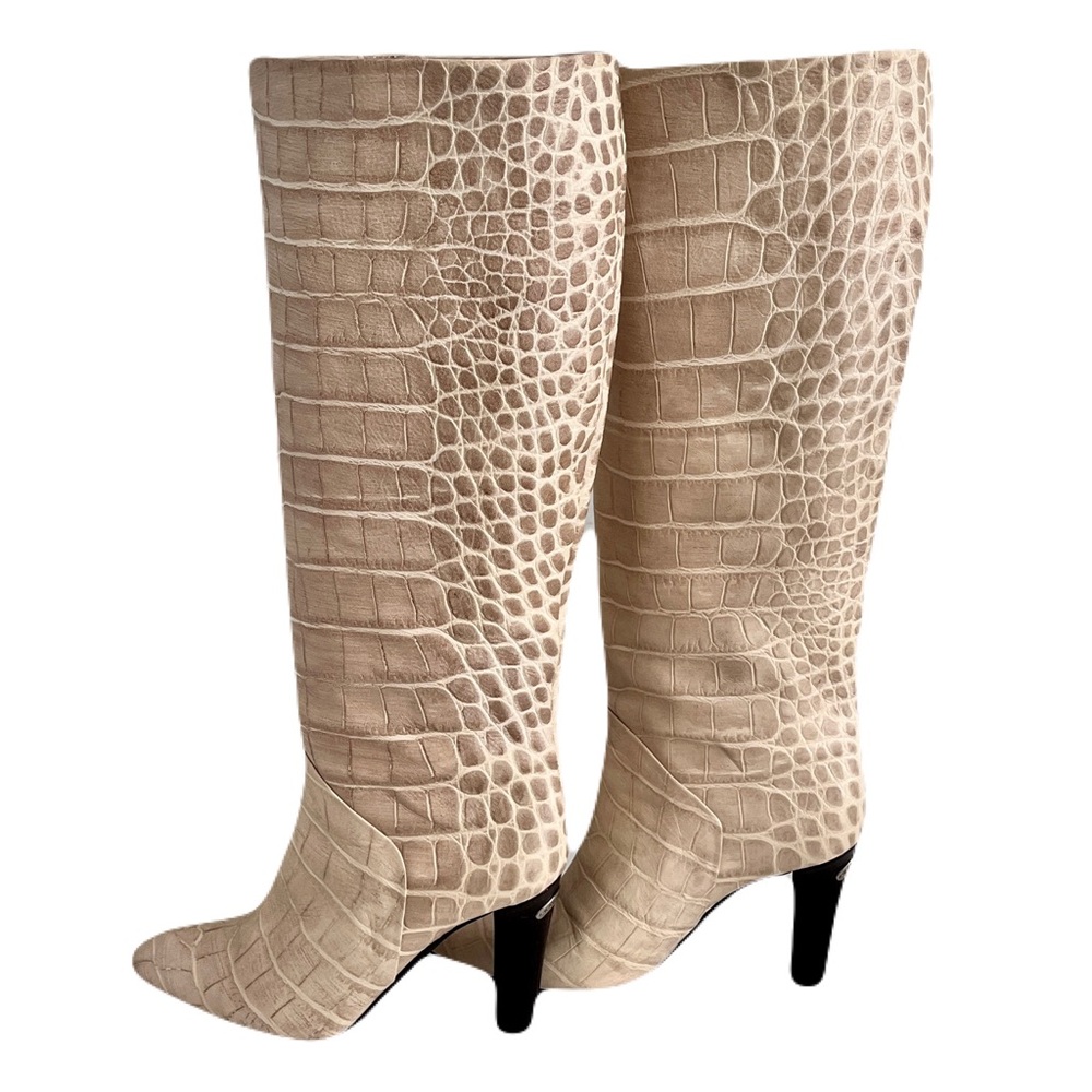 Karen Millen Ivory Croc Embossed Leather Heeled Knee High Boots, Size 38